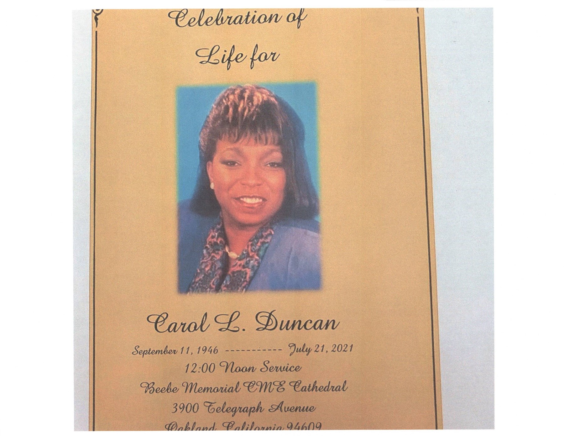 Obituary of Carol L Duncan