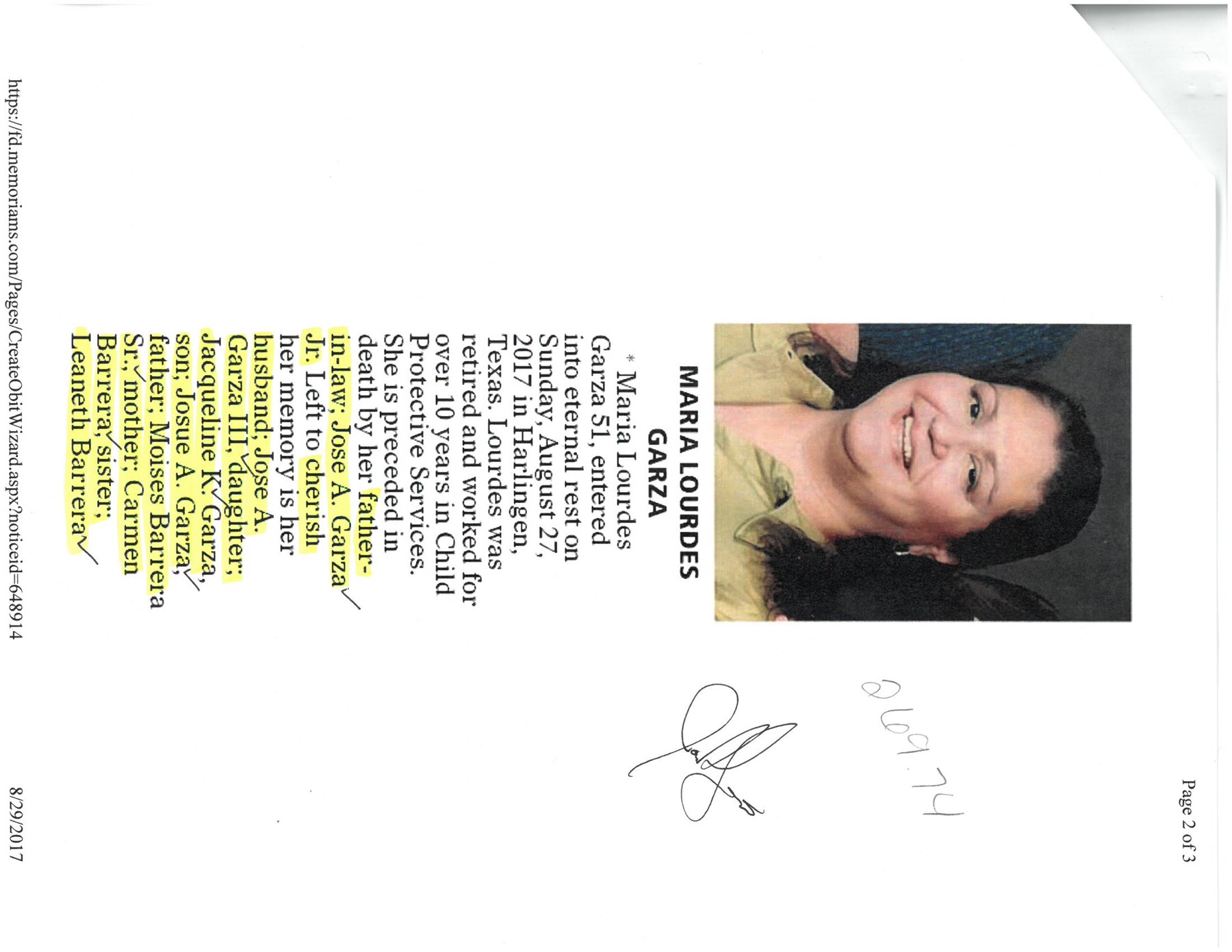 Obituary of Maria Lourdes Garza