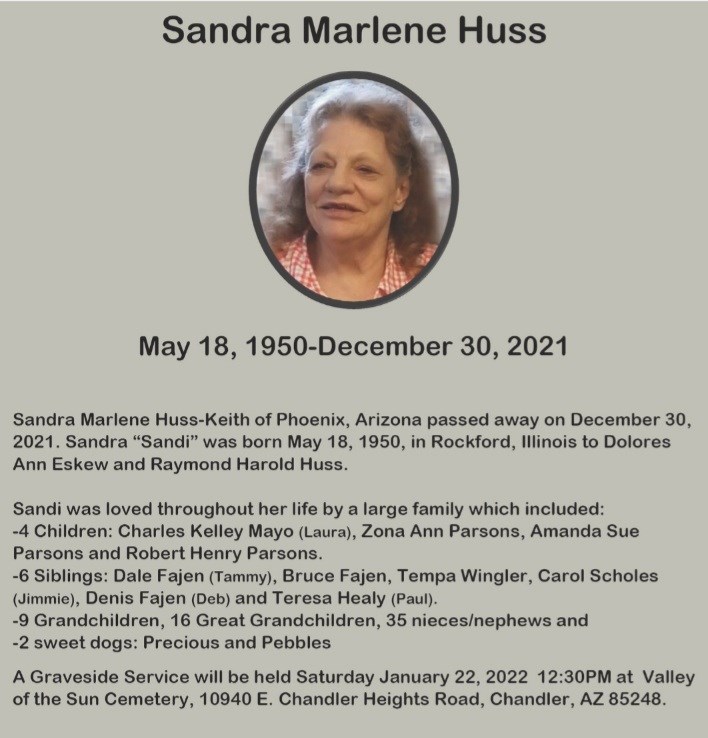 Avis de décès de Sandra Marlene Huss-Keith