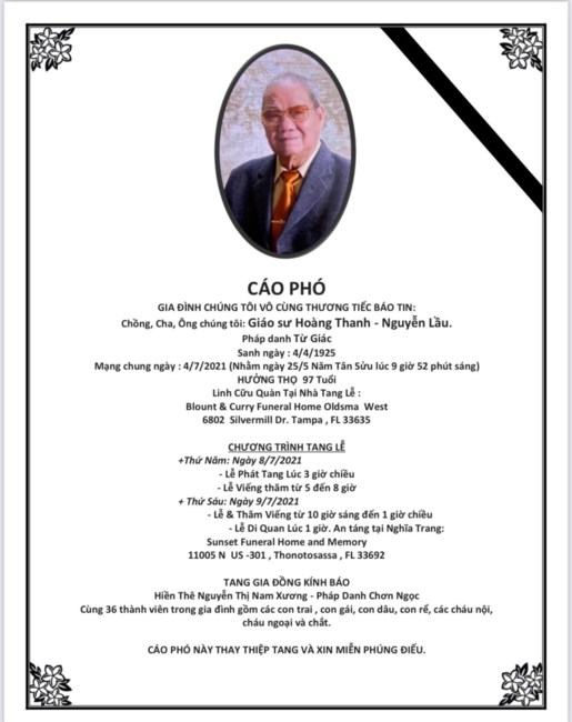 Obituario de Giáo Sư Hoàng Thanh