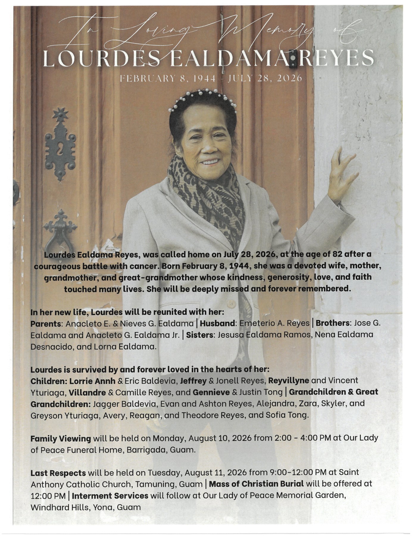 Obituary of Lourdes Ealdama Reyes