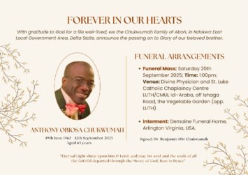 Avis de décès de Anthony Obiosa Chukwumah