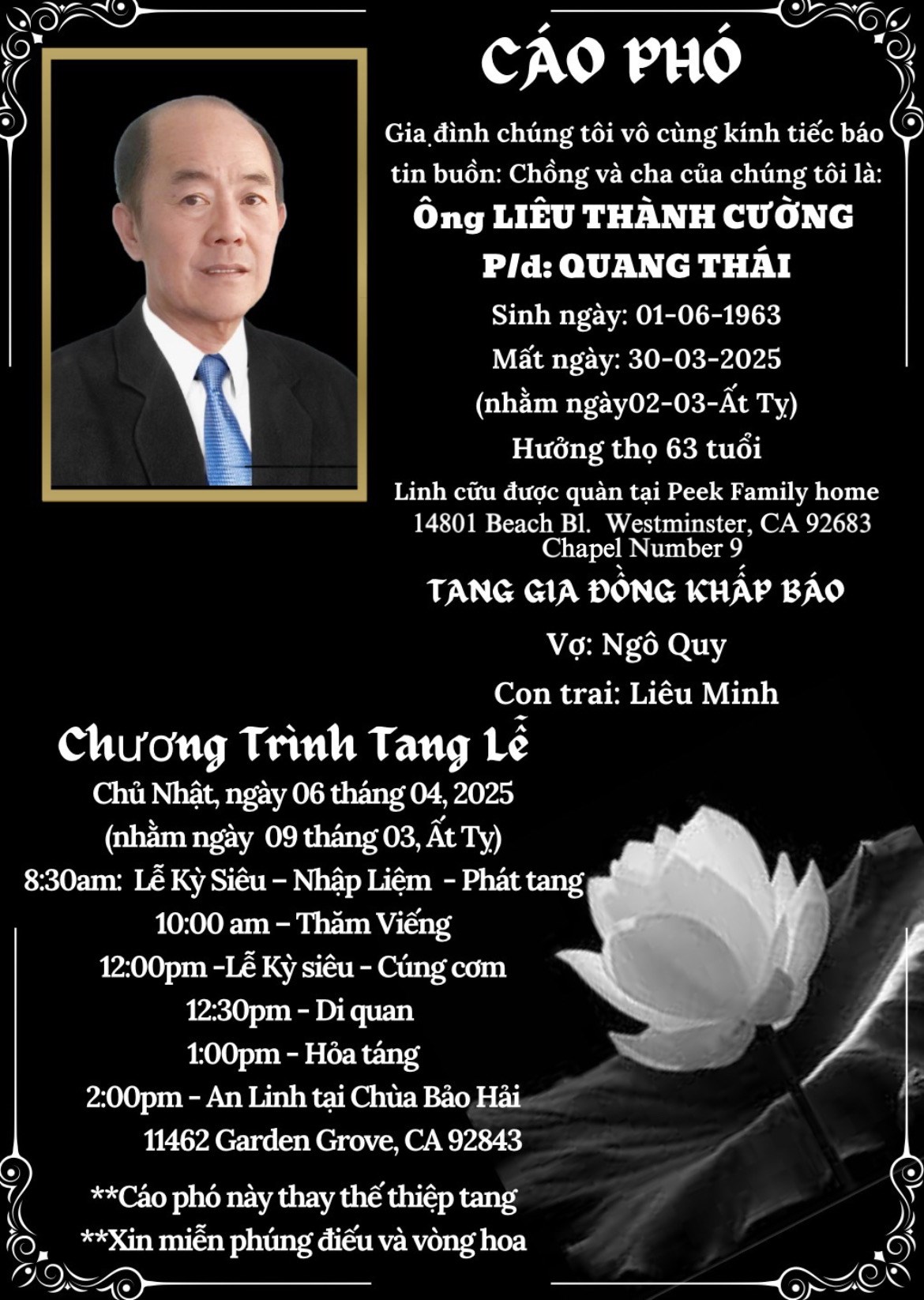 Avis de décès de Cuong Thanh Lieu