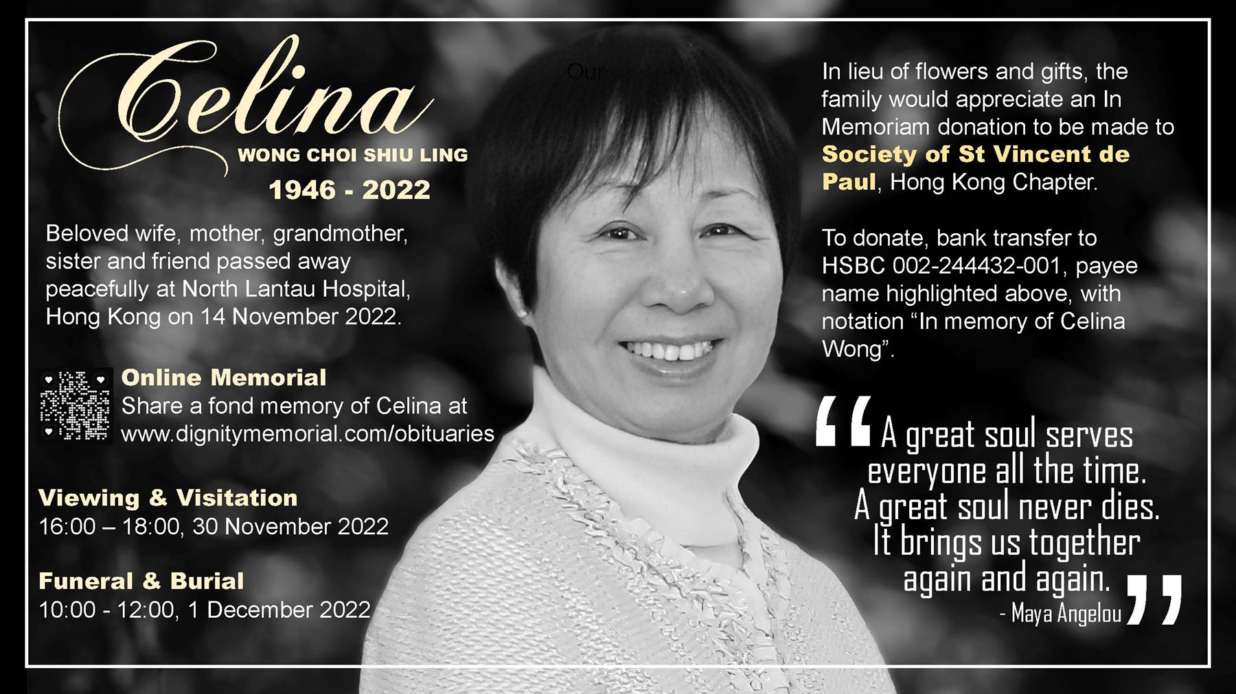 Celina Wong Choi avis de décès Burnaby, BC