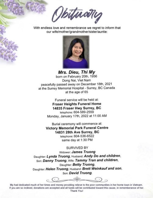 Obituary of Thi My Dieu