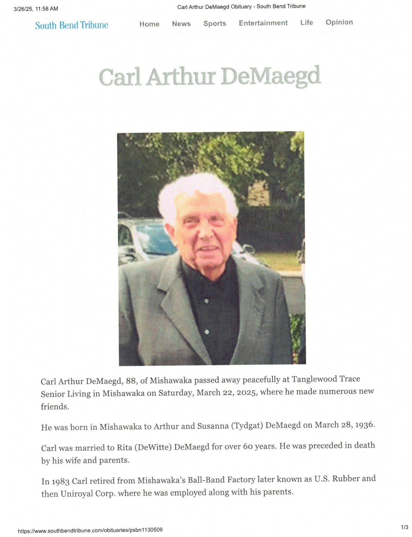 Avis de décès de Carl Arthur DeMaegd