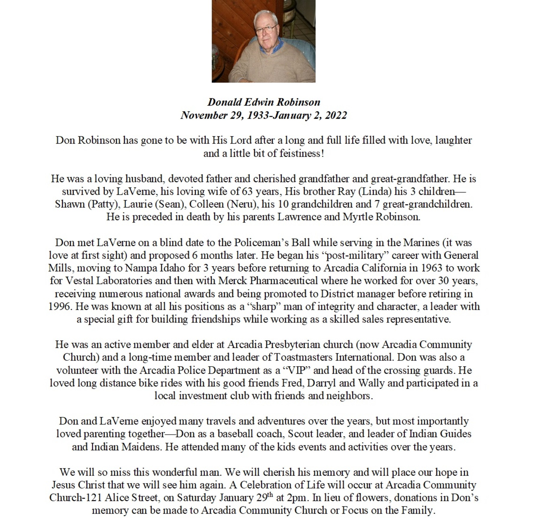 Obituary of Donald Edwin Robinson