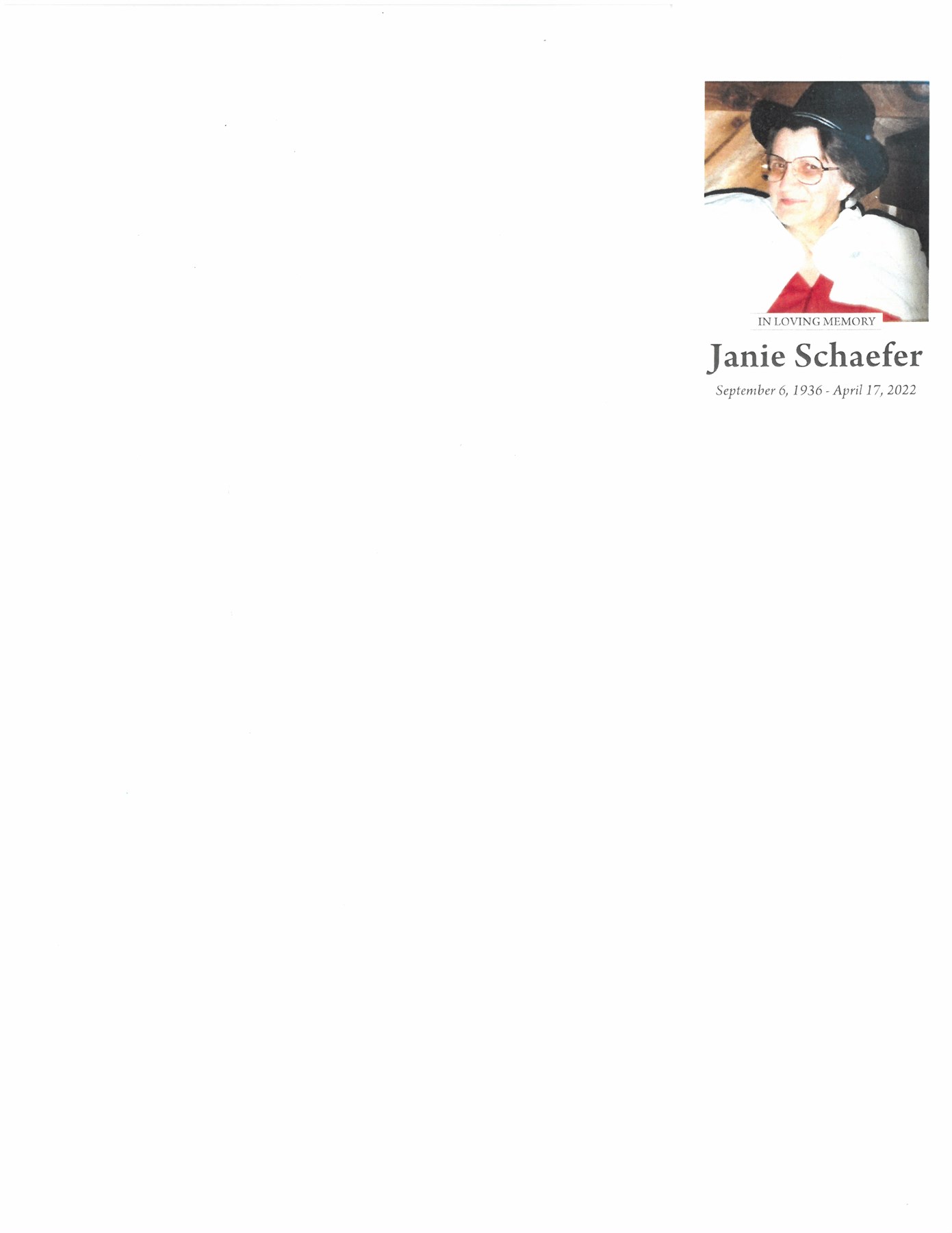 Obituary of Janie Schaefer