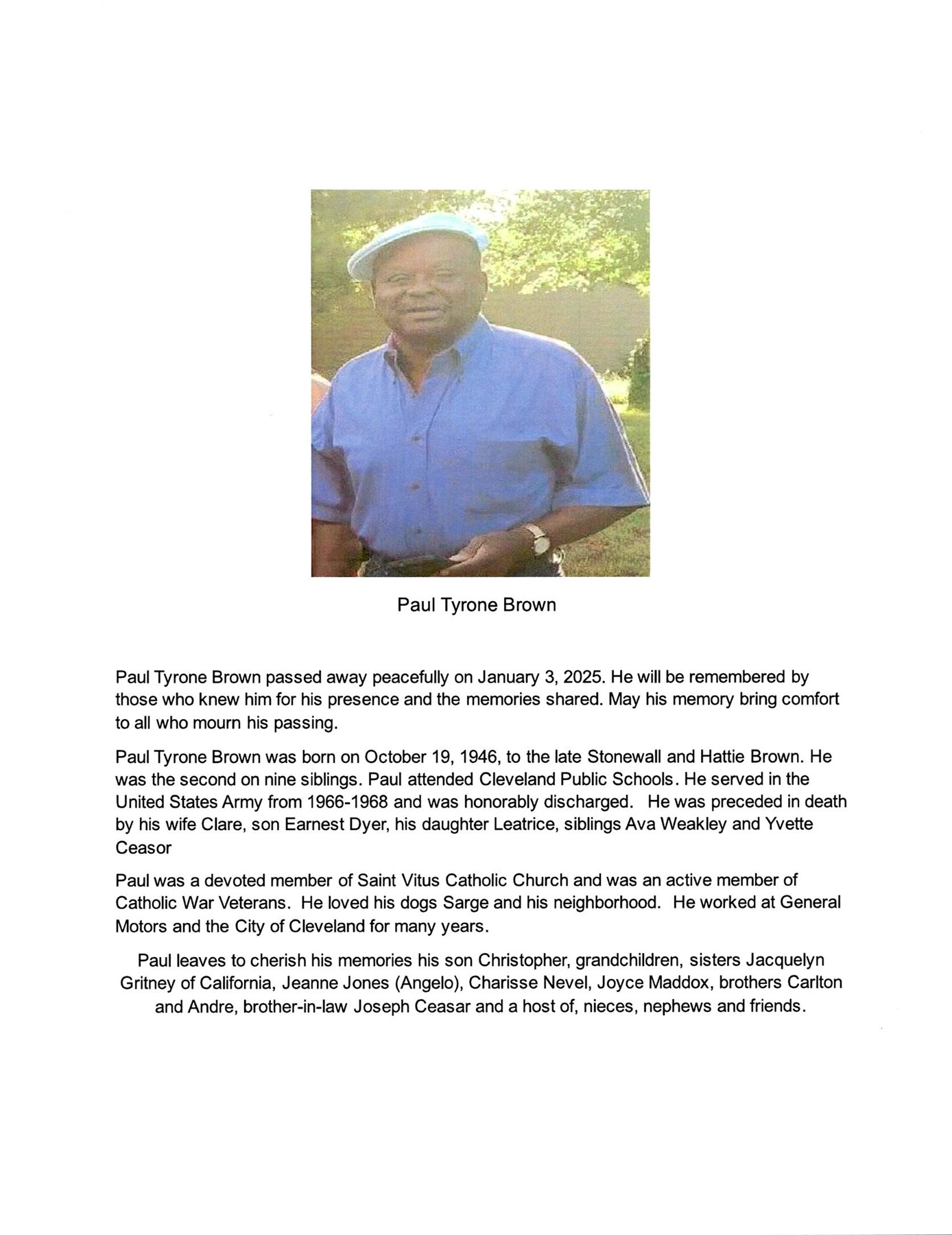 Obituary of Paul Tyrone Brown