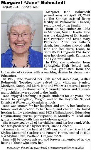 Obituary of Margaret "Jane" Bohnstedt