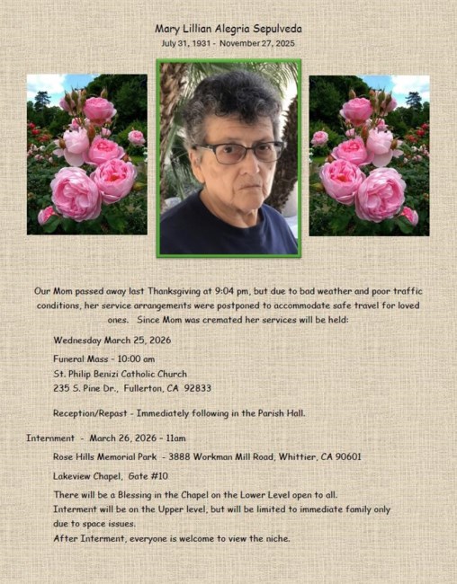 Obituary of Mary Lillian Sepulveda