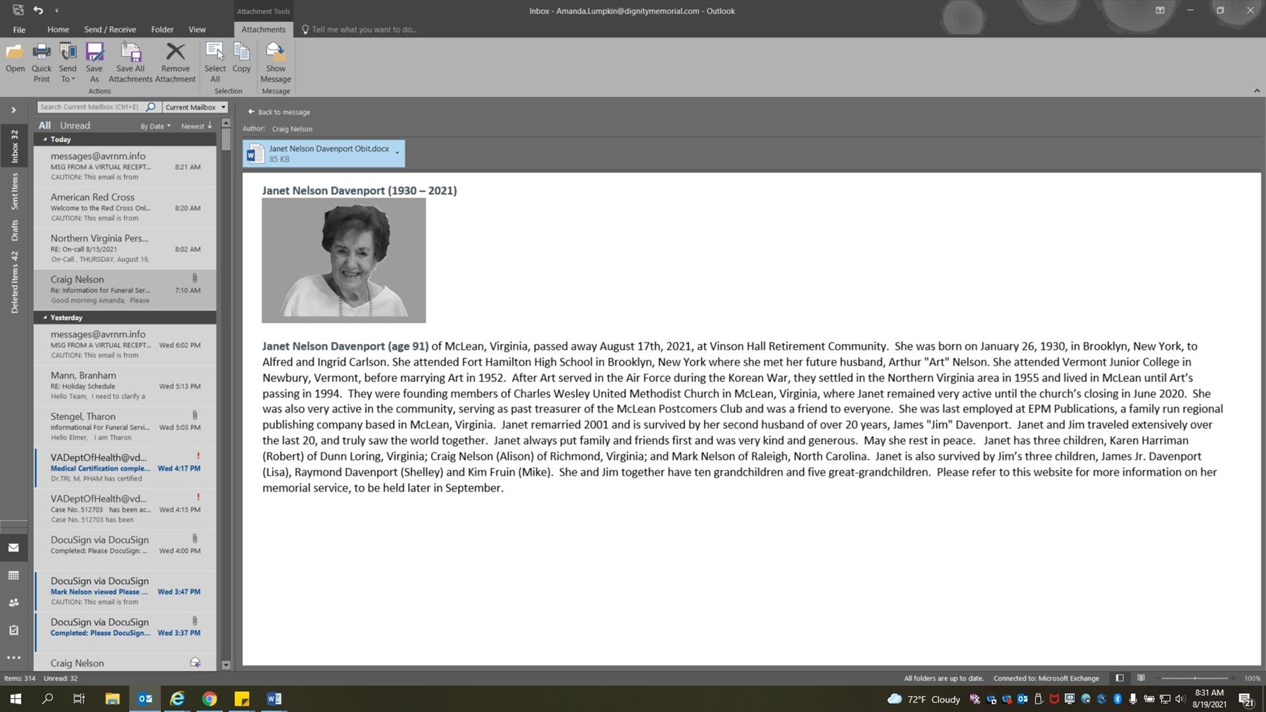 Avis de décès de Janet Nelson Davenport