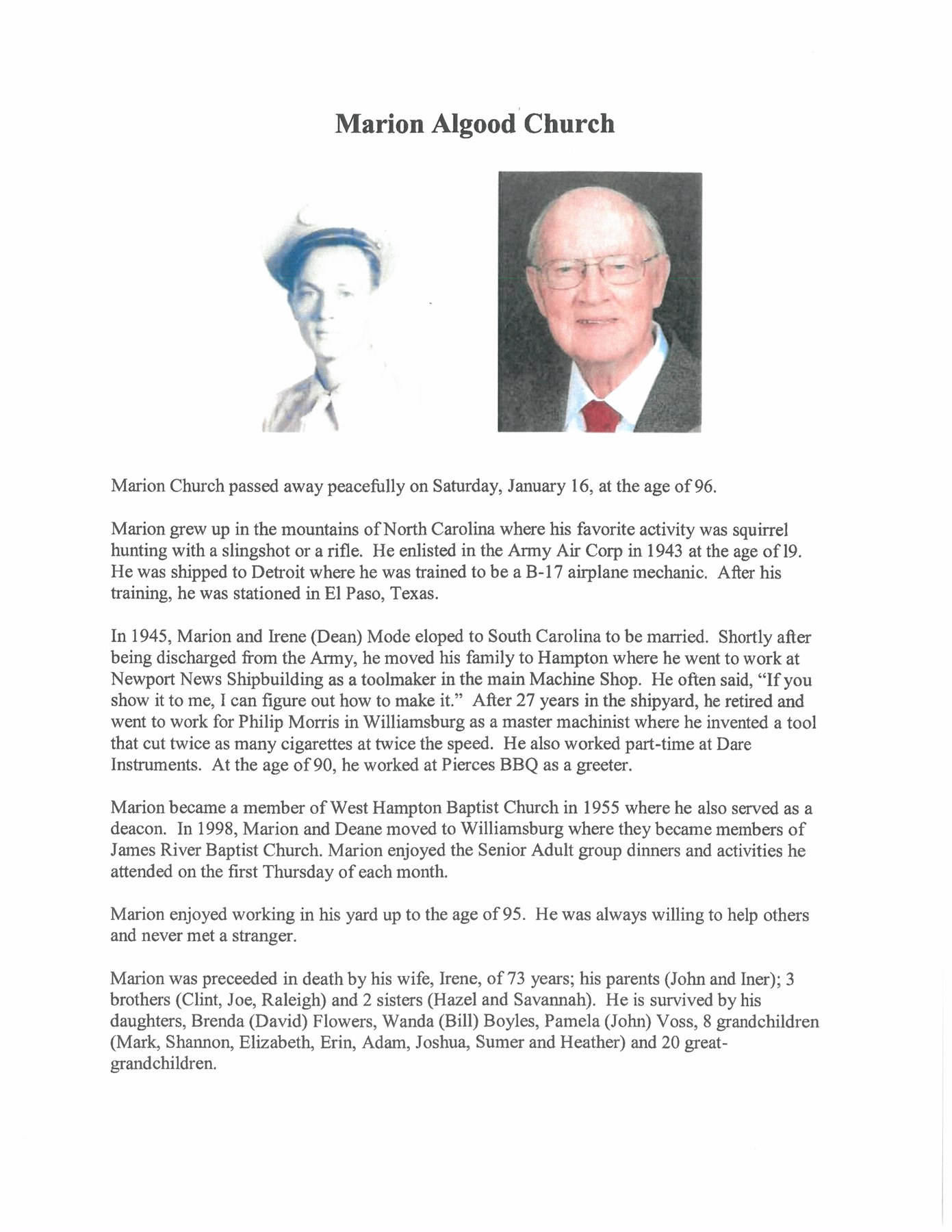 Obituary of Marion Church