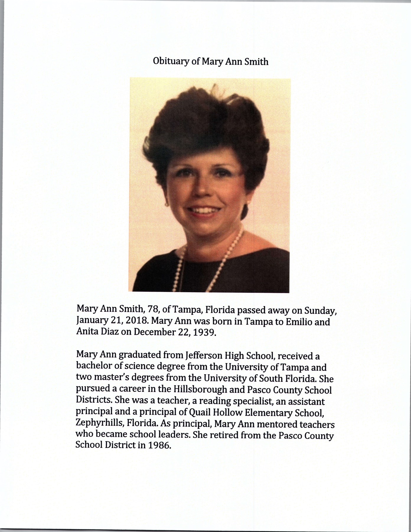 Obituary of Mary Ann Smith