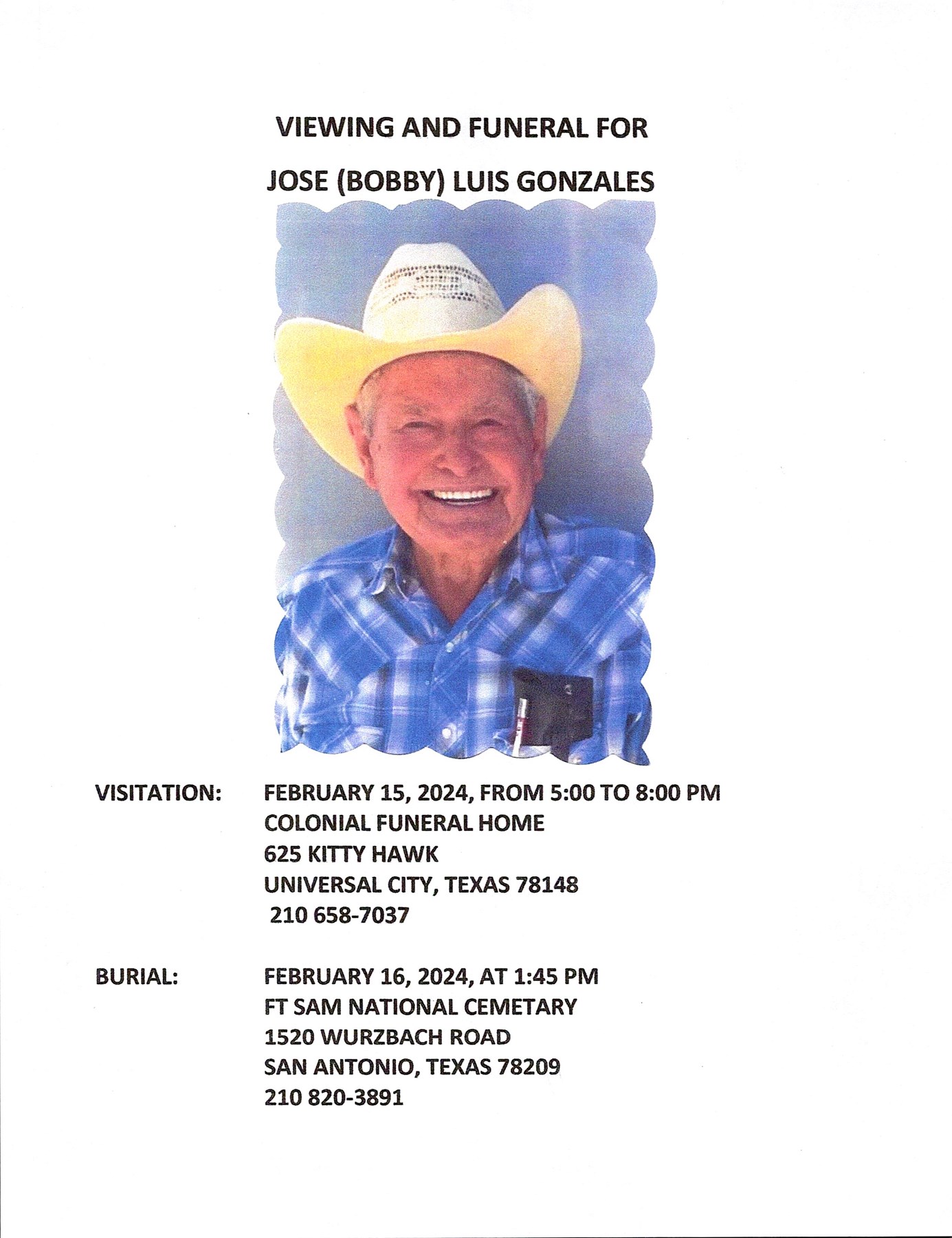 Avis de décès de Jose "Bobby" Luis Gonzales