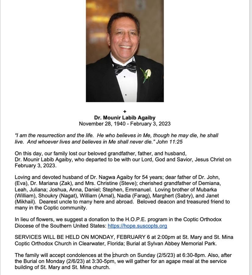 Obituary of Dr. Mounir Agaiby