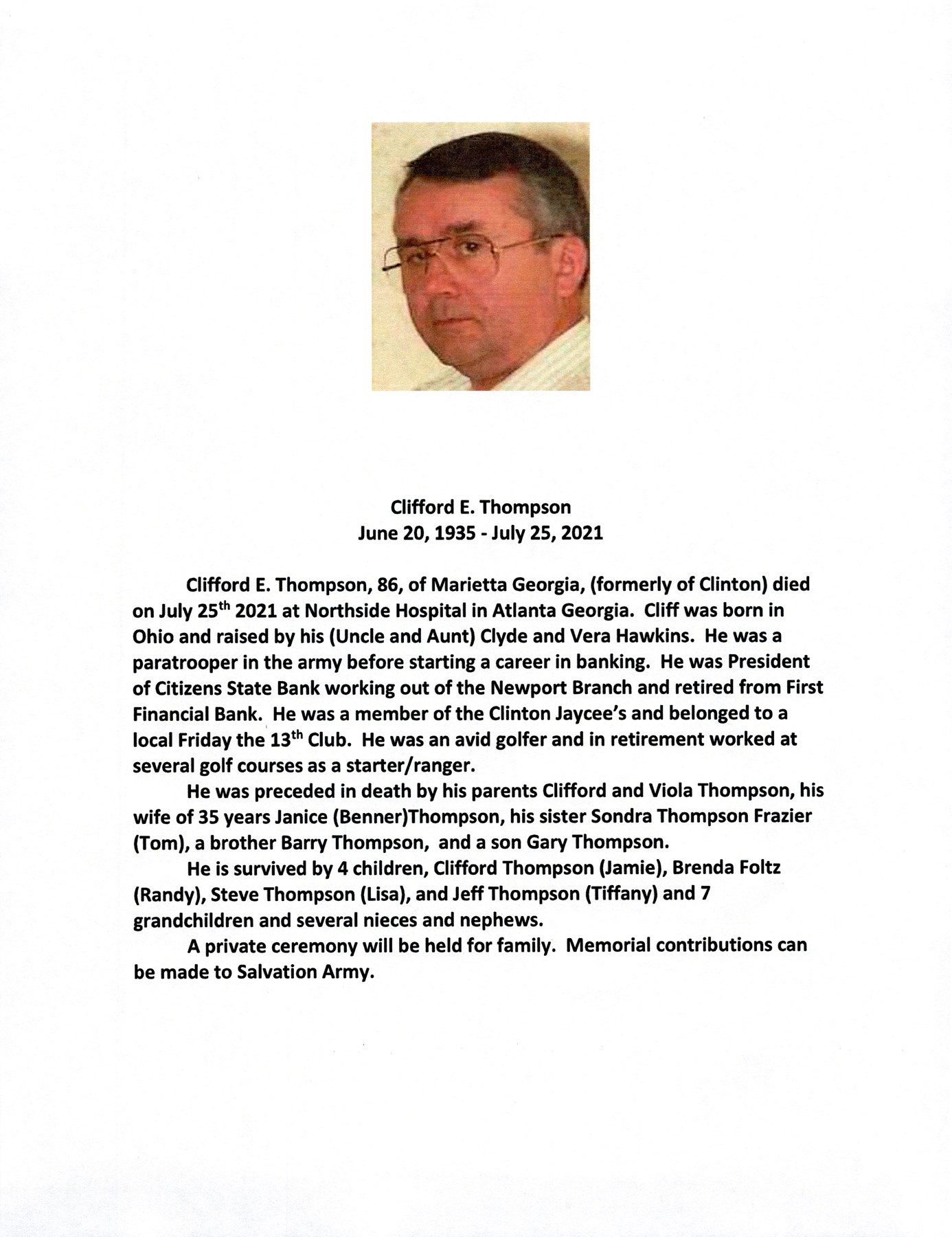 Avis de décès de Clifford E. Thompson